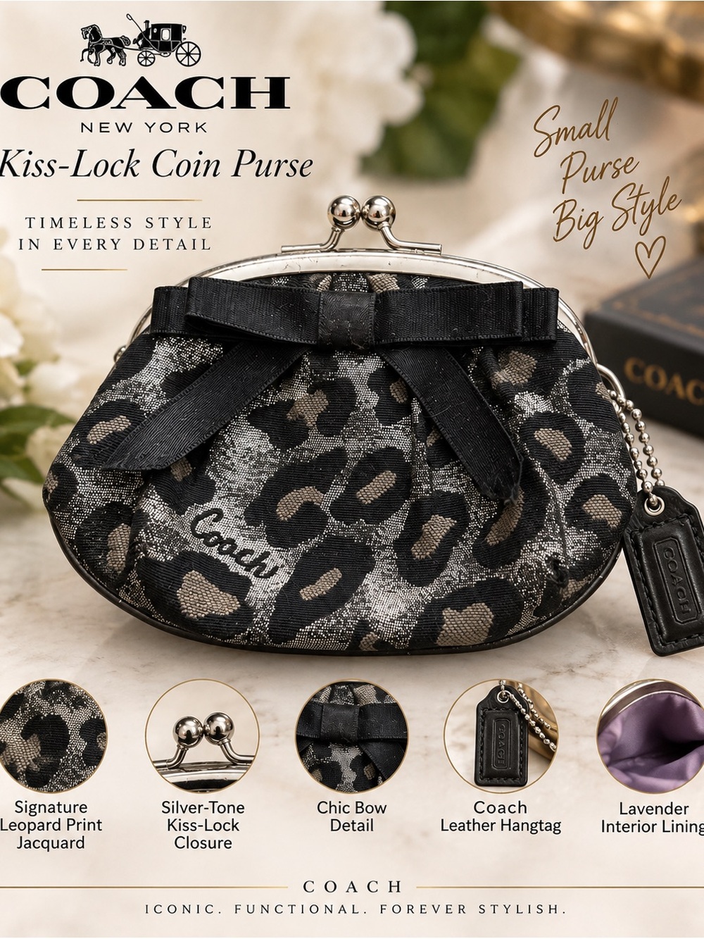 Rare Coach Signature Leopard Kiss-Lock Coin Purse in Black & Silver